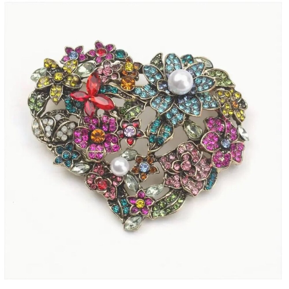Heart Shape Floral Rhinestone Brooch Pin With Faux Pearl Accents